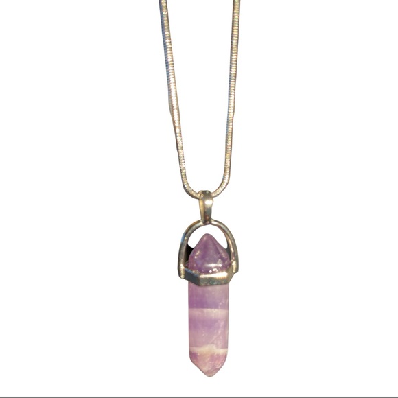 Hand Crafted Jewelry - Necklace Hexagonal Amethyst Crystal Quartz Stone Pendulum Silver Lobster Clasp